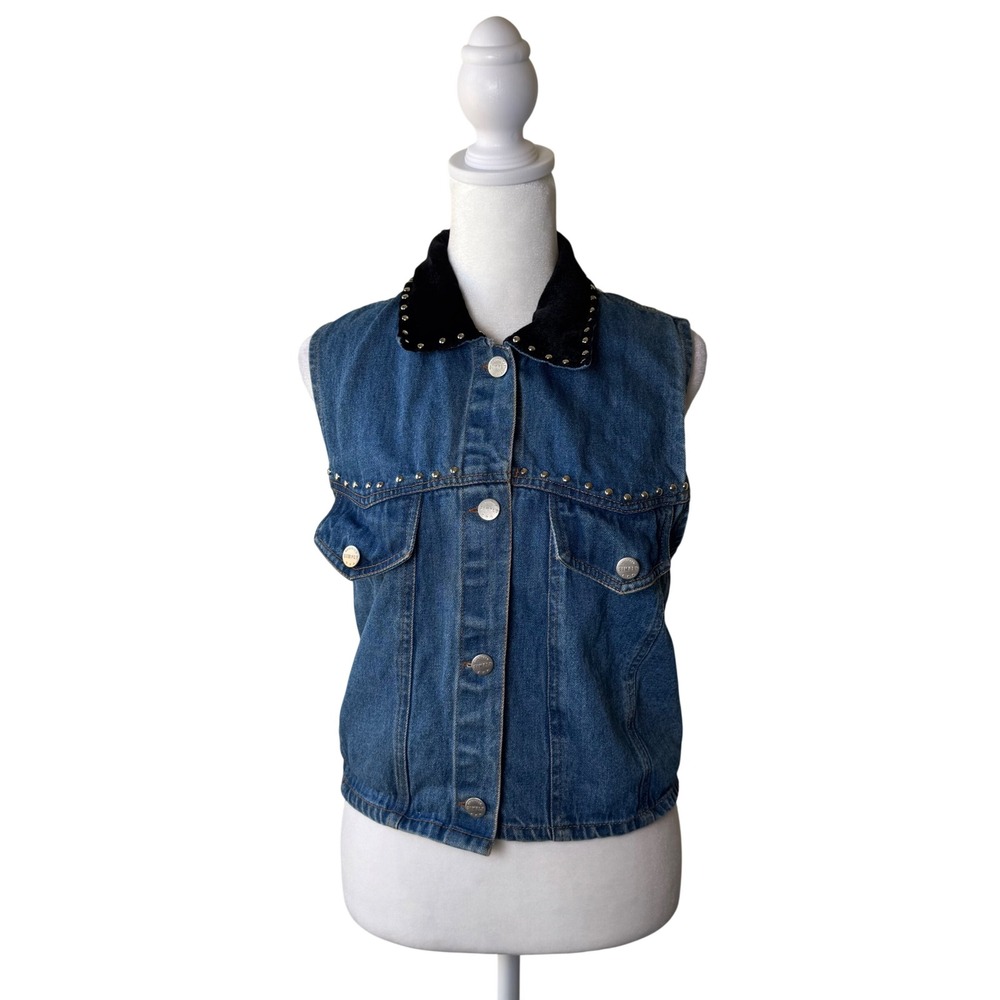 Vintage Simply Blues Studded Denim Vest Velvet Collar Boho Western Grunge Size L